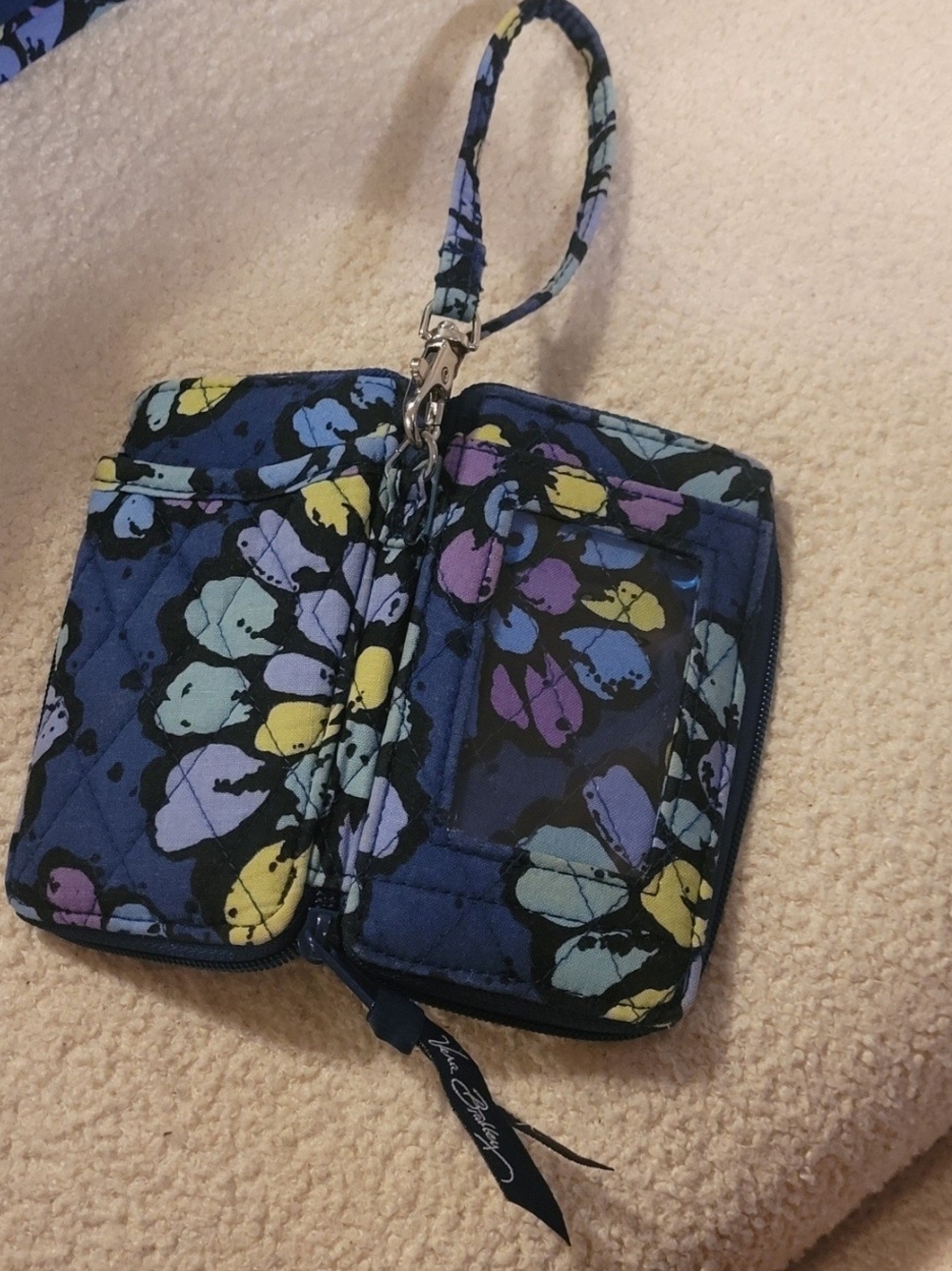 Vera Bradley Navy Floral Quilted Wristlet Wallet with Yellow & Purple Accents